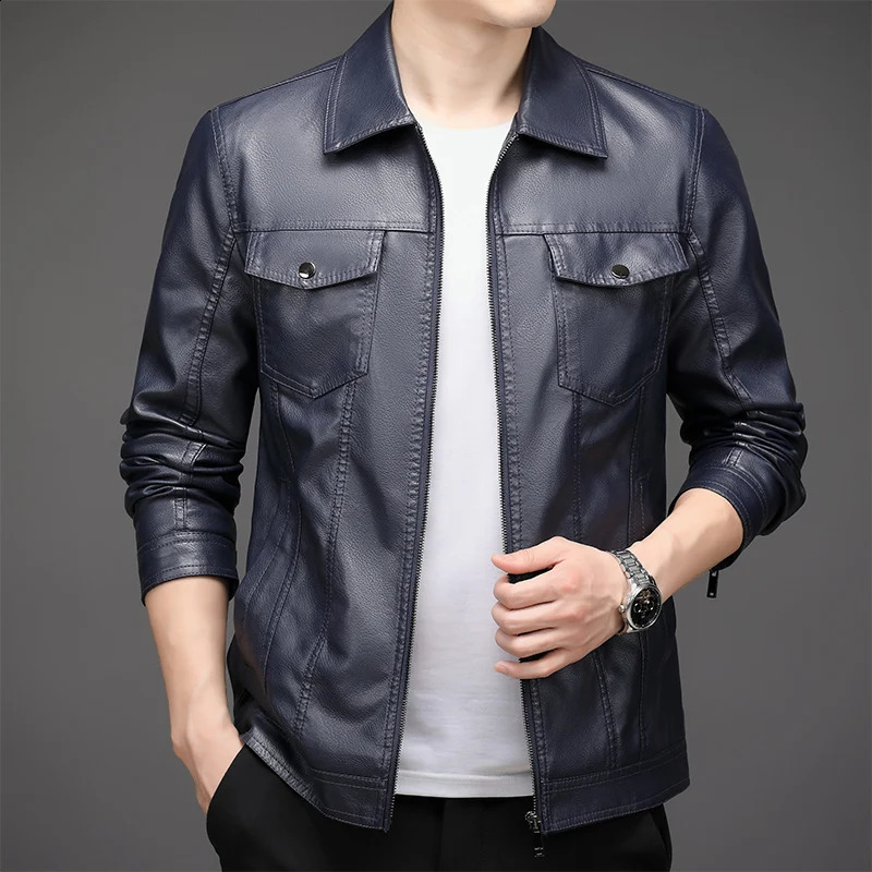 High Quality Mens Casual PU Leather Jacket Male Solid Color Business Collar PU Blazers Long Sleeve Dress Coat Jackets 240924