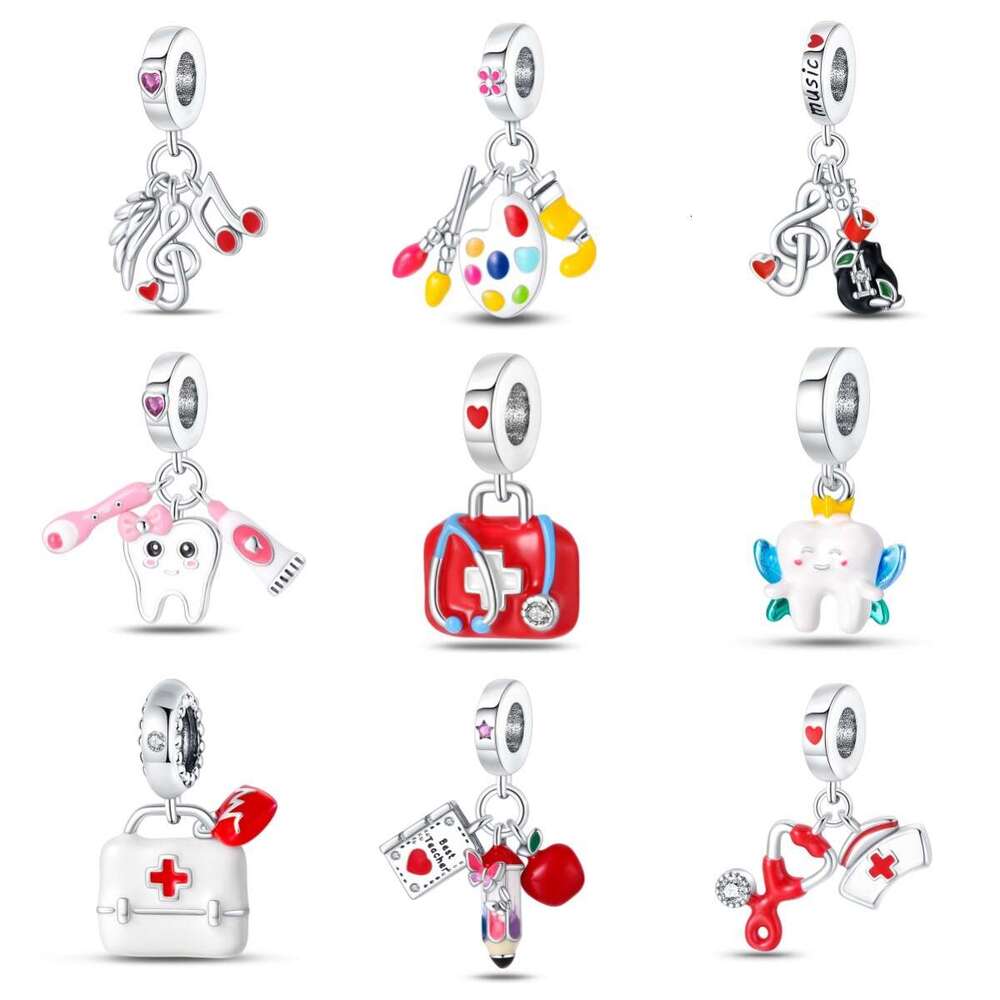 New Fashion Professional Series charms 925 Sterling Silver Medicine Guitar Teeth Three Pendant Charms Beads Fit Originals Bracelet DIY For Women