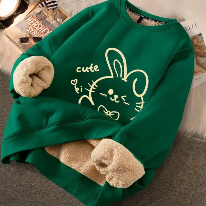 Autumn and Winter Womens Casual Loose Sweatshirt Lambswool Thick Heat Sweatshirt Womens Printed Cute Wool Warm Hoodie 240925