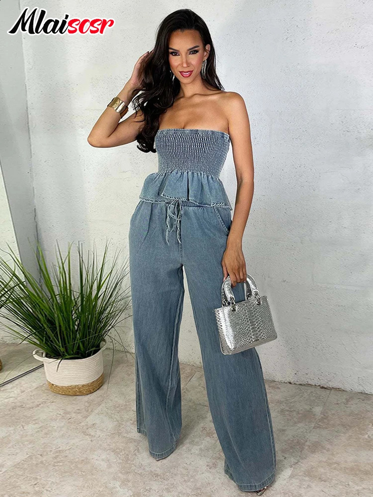 Mlaicsr bleu denim pantalon en deux pièces Set Womens Ruffle Hem Elastic Crop Top et Jeans à jambe large Ensemble d'anniversaire 240925
