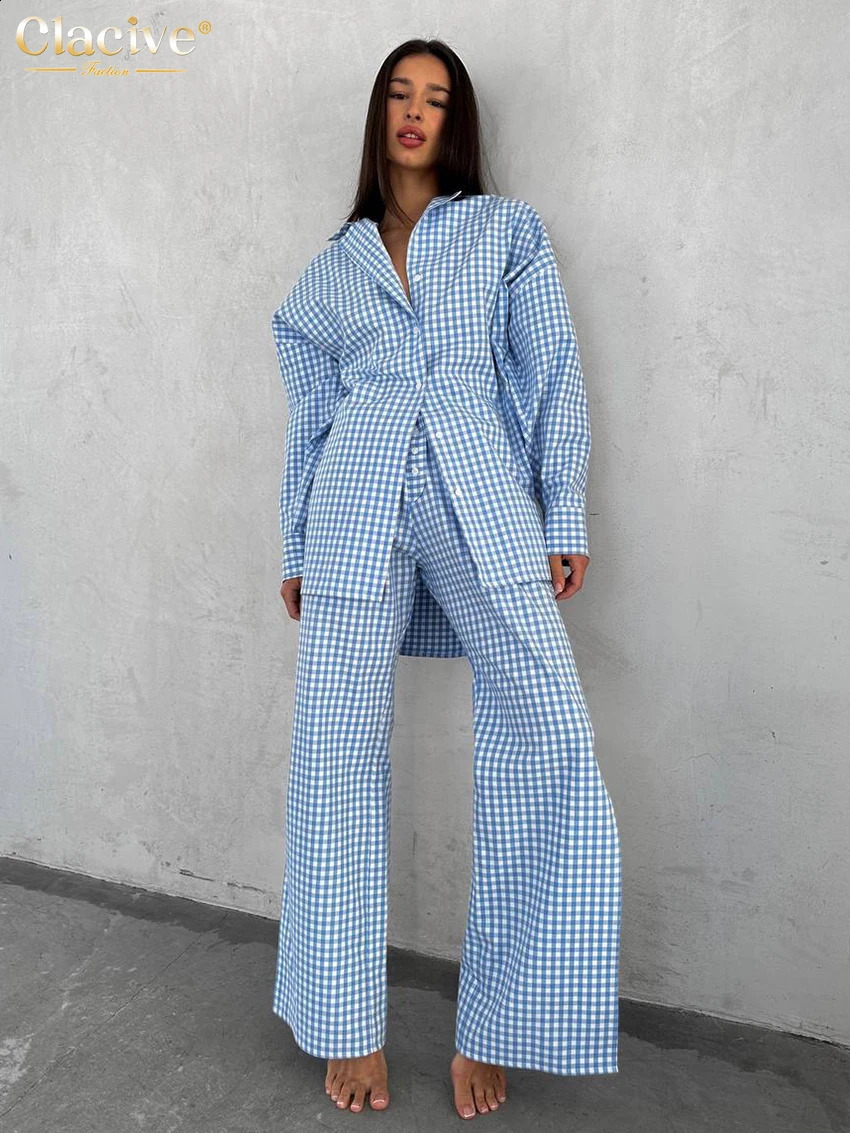 Clacive Fashion Loose Blue Striped Cotton 2-piece Womens Elegant Long Sleeve Shirt High Waist Wide Pants Set 240925