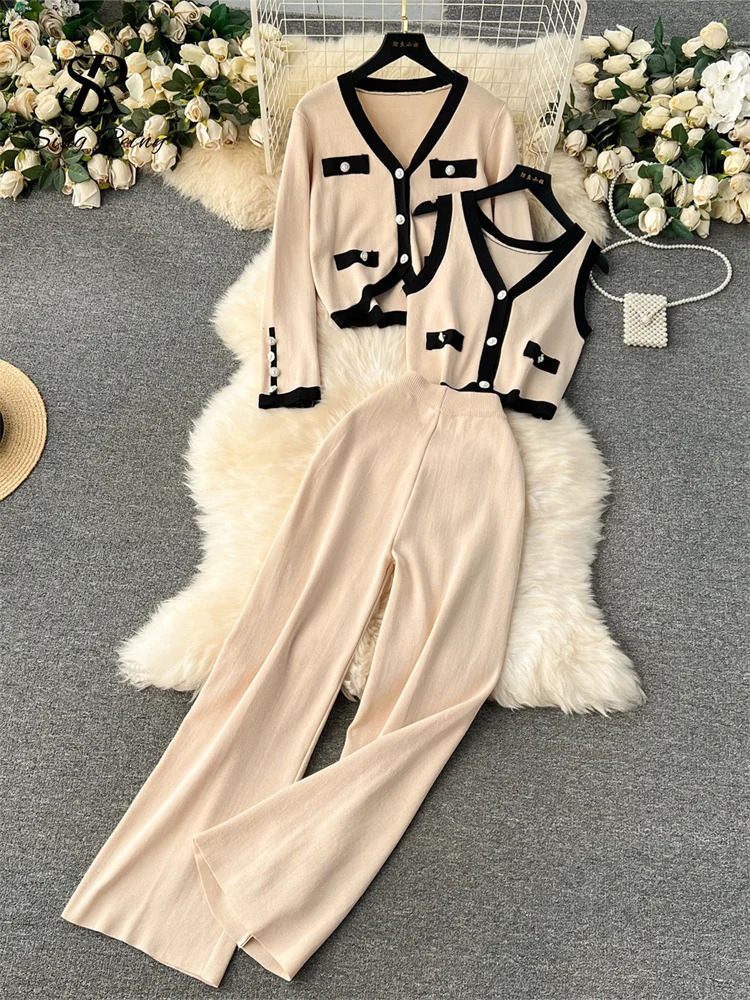 SINGREENY autumn thick knit three piece womens loose cardiganknit vestelastic pants OL sweater set 240925