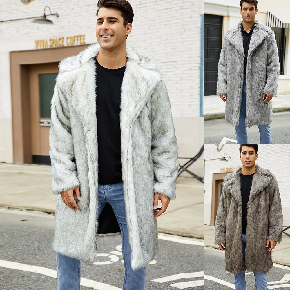 Mid length Coats faux fur mens lapel jacket casual thick warm jacket spliced open seam autumn winter 240925