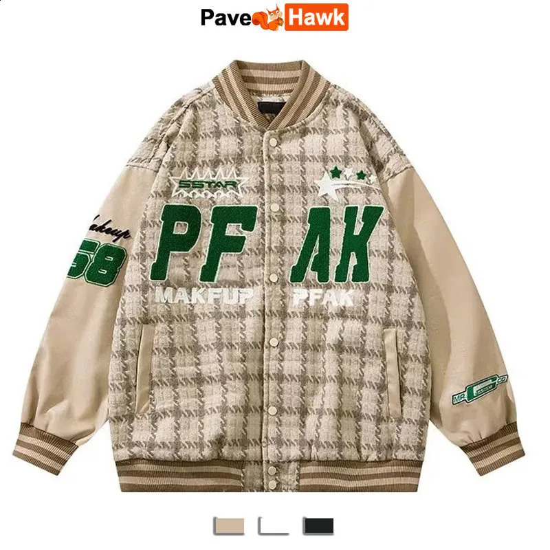 Vintage Lattice Baseball Jacket Men Patchwork Letter Embroidery Bomber Jackets Hip Hop Autumn Varsity Outwear Unisex Autumn 240924