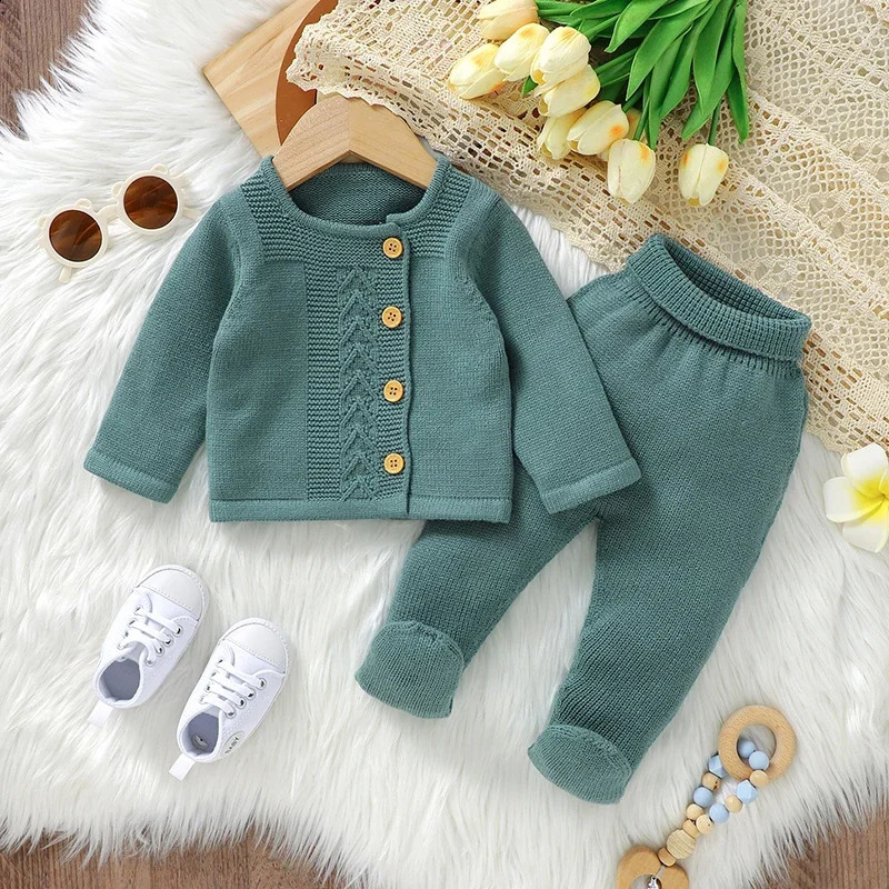 Baby Clothing Set Knitted Fashion Solid Warm Sweater Trouser Tight Pants Autumn born Girls Long Sleeve Pullover 2PC 240925