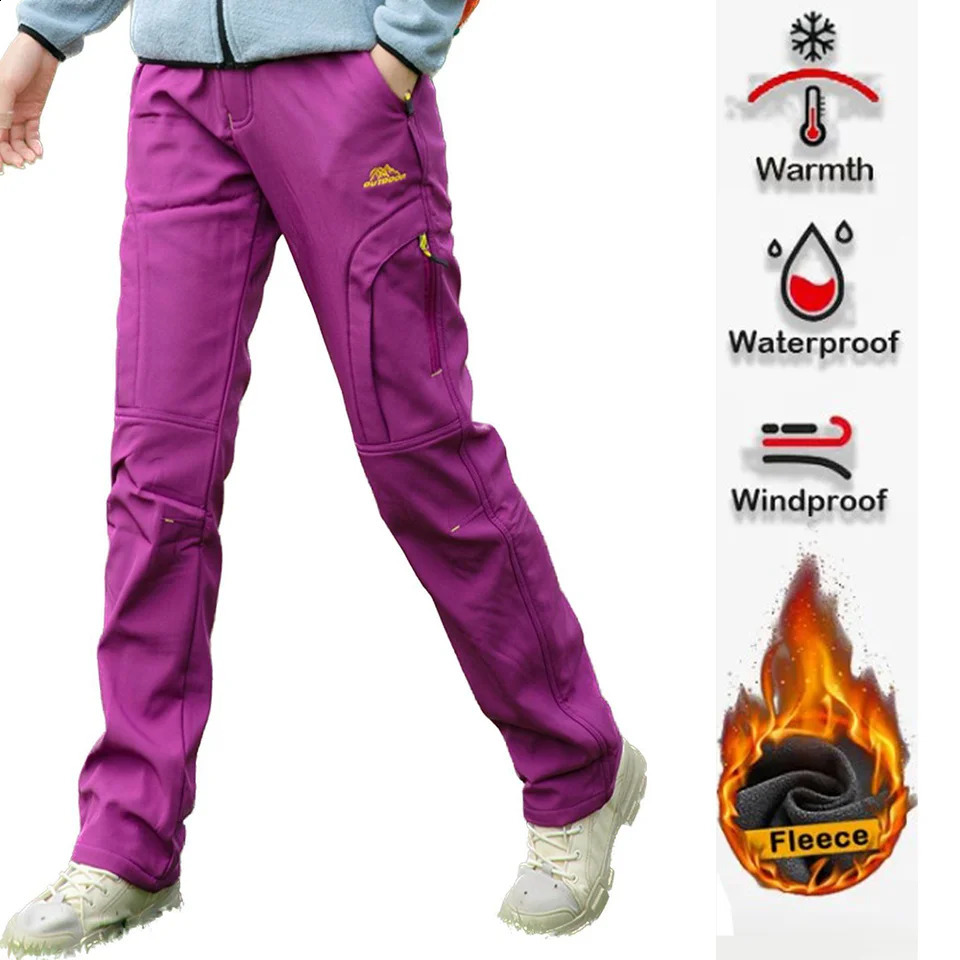 Pantalon de randonnée en laine épais et chaude pour femmes Pantalons de pluie en coquille molle extérieure d'hiver imperméable et à l'épreuve du