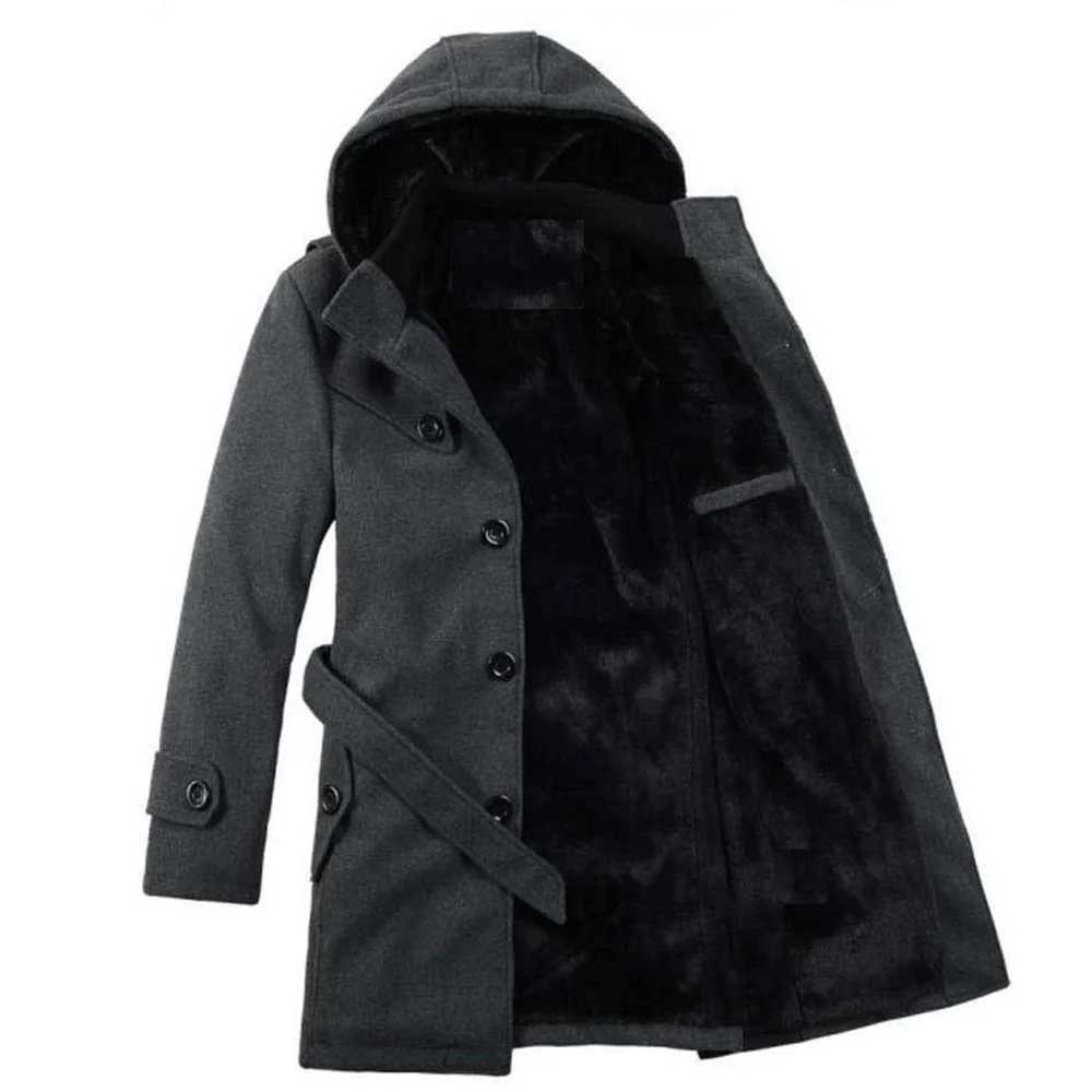 Winter mens wool hooded thick wool coat 2023 new wool trench coat mens casual pocket winter coat with detachable cover W240924