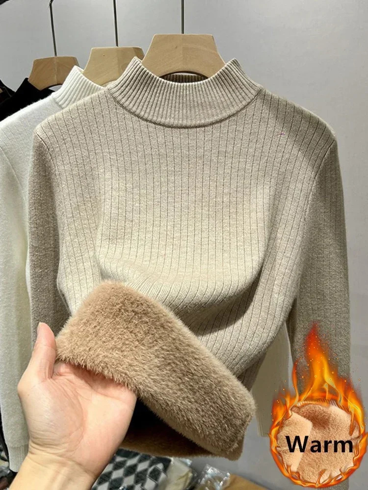 Winter Warm Sweater Pullover Womens Ultra Thin Thick Plush Velvet Lining Knitted Jumper Korean Half Turtle Neck Poleras Soft Knitted Top 240924