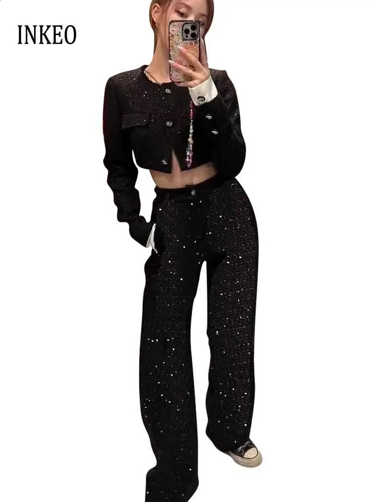 High quality womens sequin 2-piece elegant tweed cut jacket patch work jacket and wide leg pants INKEO 4O063 240925