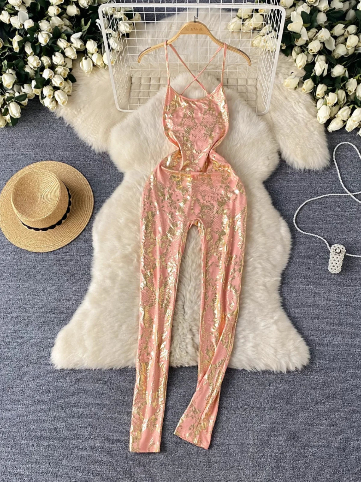 Foamlina Womens Summer Sexy spaghetti Shoulder Strap jumpsuit Fashion Sleeveless Backless Ultra Thin High Waist Flower Plated Long Club jumpsuit