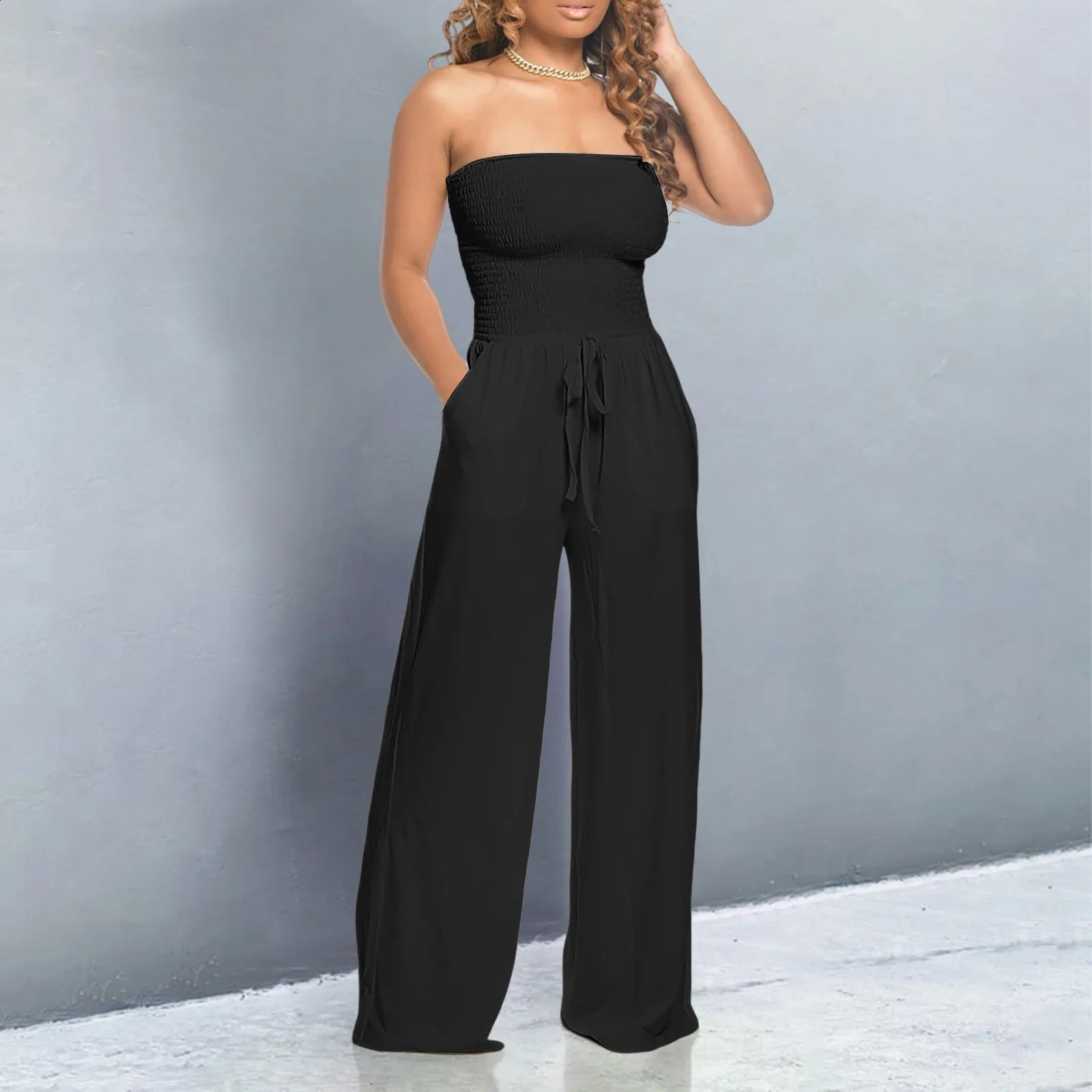 Summer womens jumpsuit strapless lace wide leg jumpsuit sexy nightclub party bandage one-piece set 240925