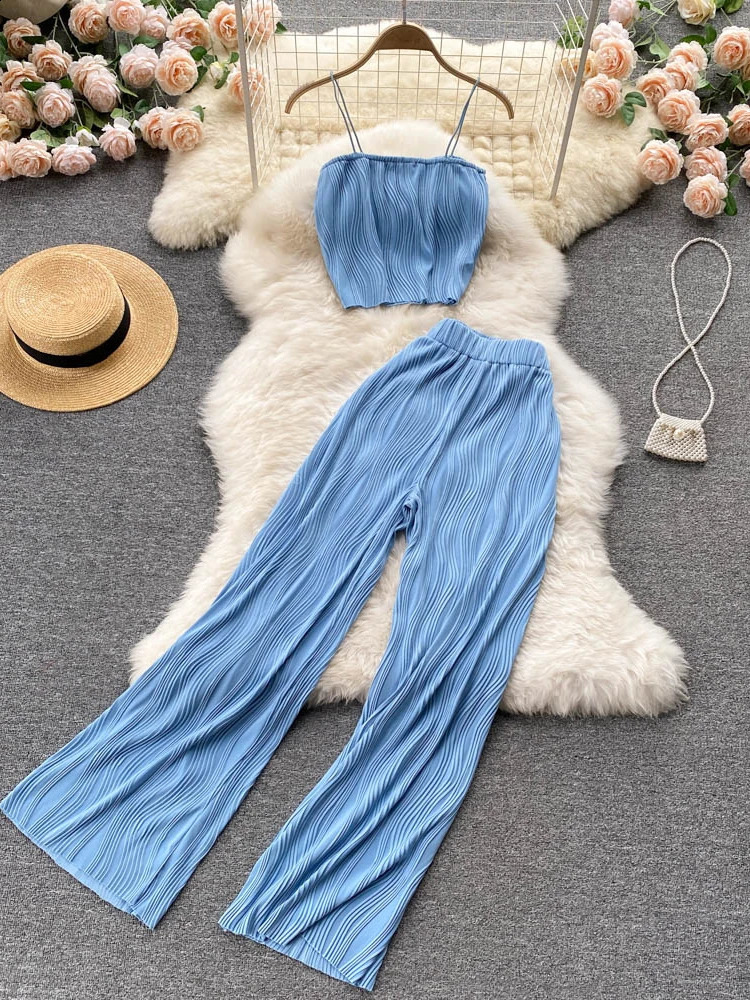 Womens summer fashion pants set with spaghetti strap short top and high waisted pants two-piece set 240925