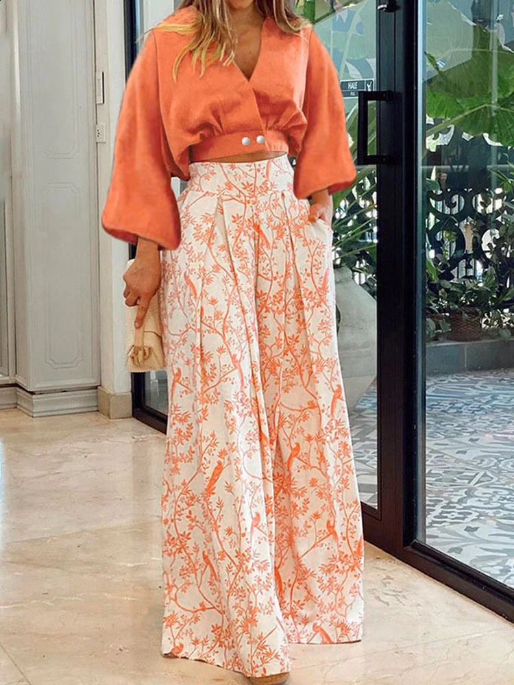 Summer casual womens Trouser set casual two-piece set solid V-neck Surplice top floral print wide leg loose pants set 240925