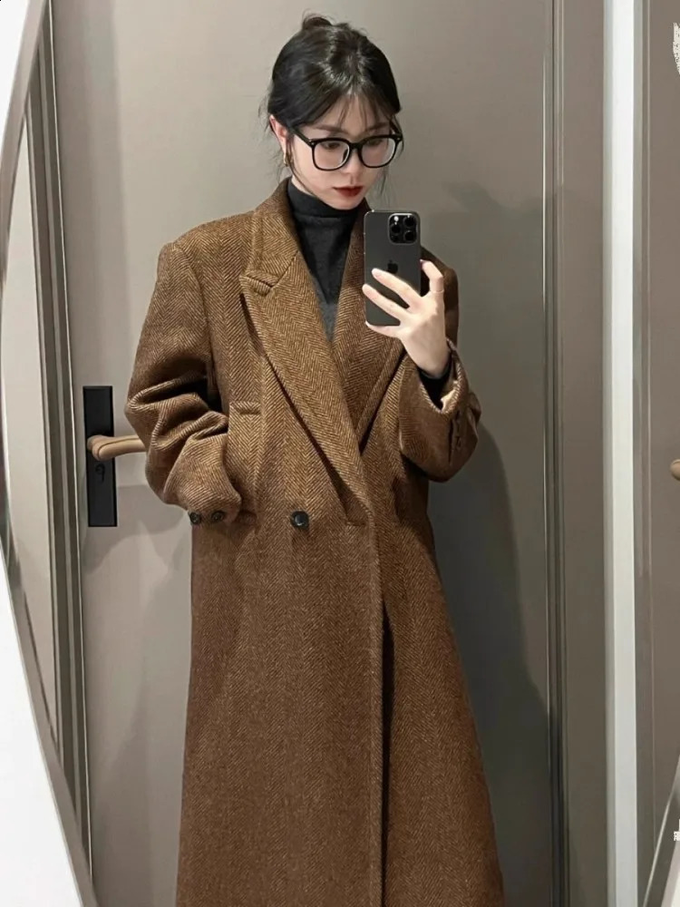 Coffee colored herringbone pattern wool coat womens high-end autumn and winter temperature loose suit jacket 240925