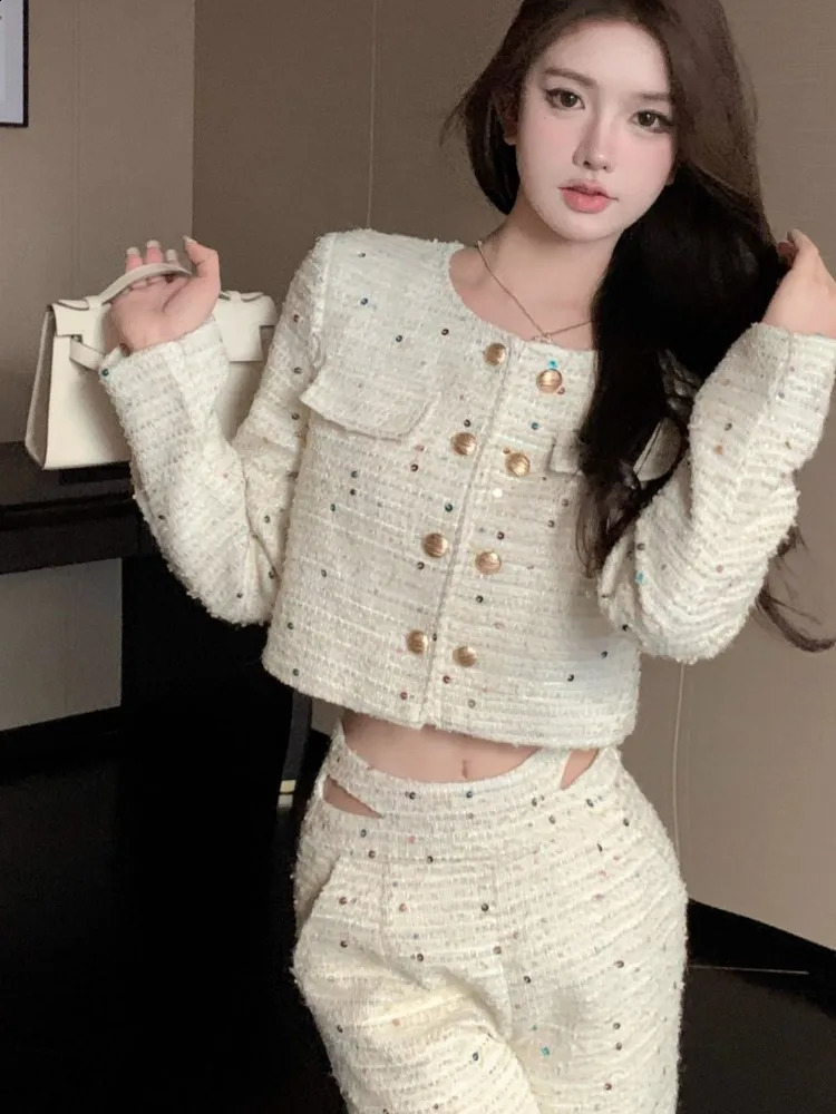 Beige professional suit coarse woolen jacketskiing spring/autumn womens clothing business womens 2-piece set 240925