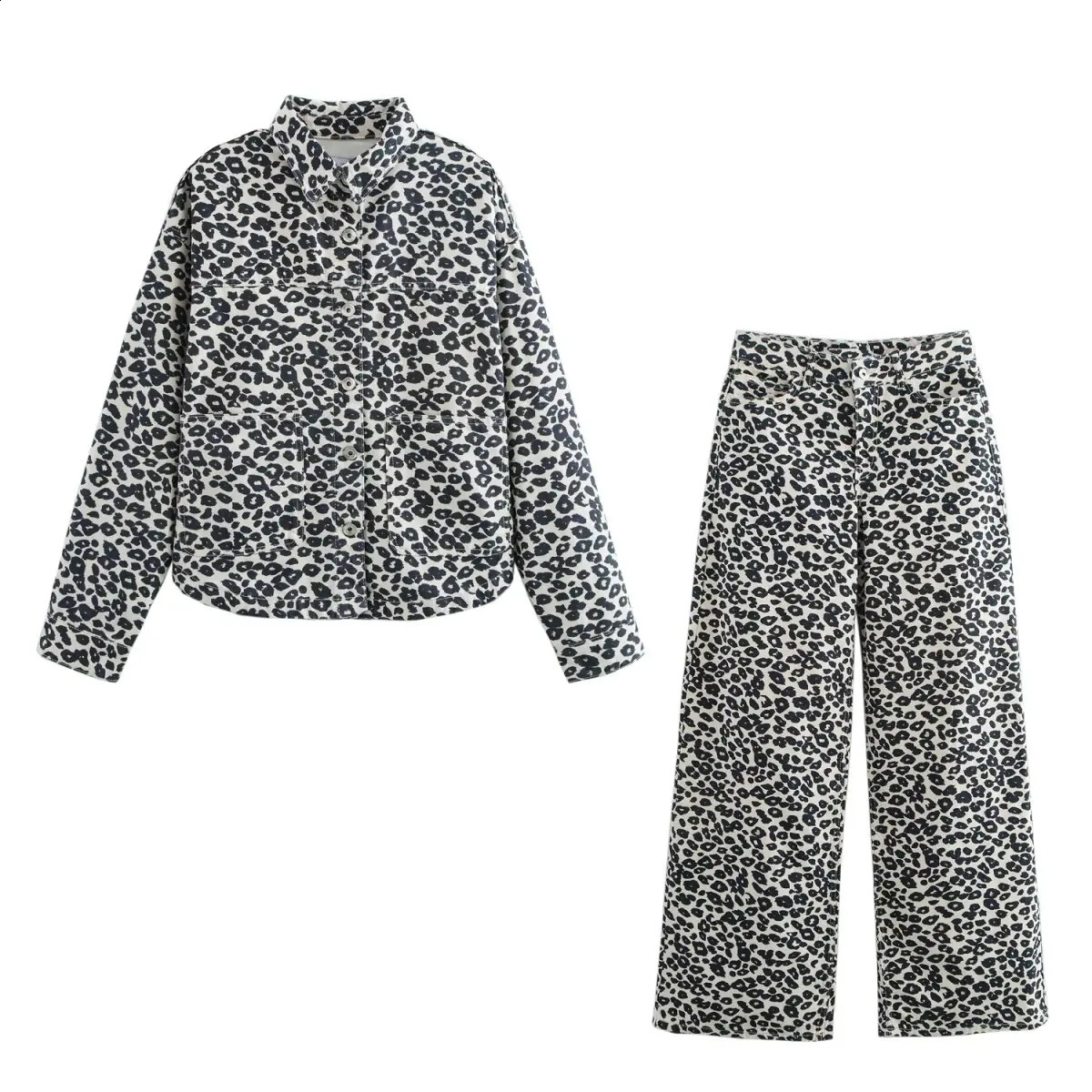 Autumn Womens Fashion Animal Pattern Printed Denim Jacket Wide Leg Pants Set 240925