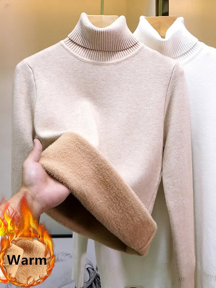 Pull d'hiver à col roulé Femmes élégantes Velvet épais Doublage de daim chaud en tricot lanhua ultra mince top 240924