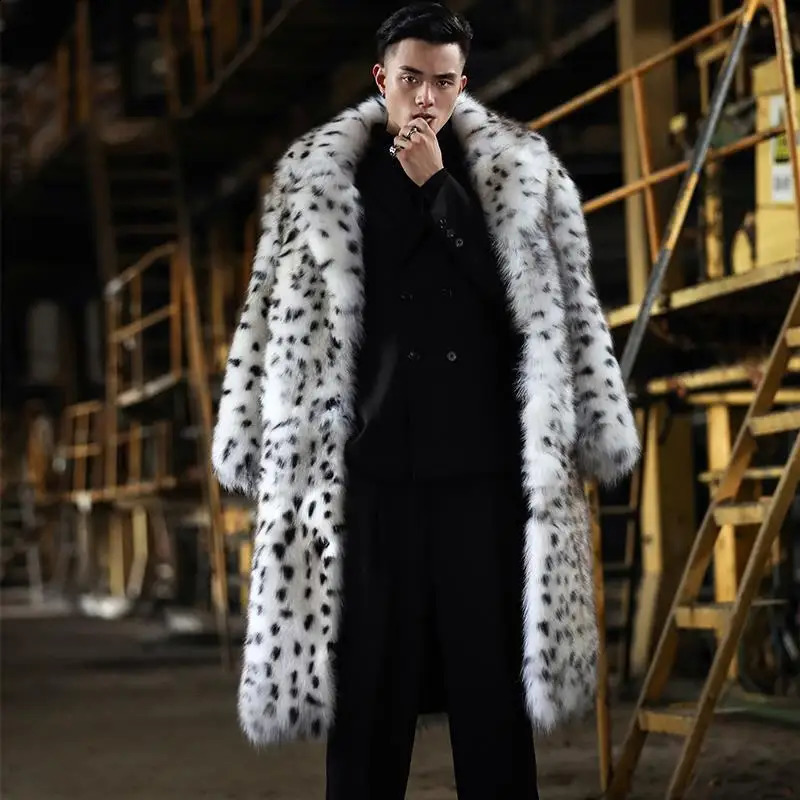 S-6XL size fashionable mens jacket leopard windproof and warm artificial fox fur mink mens winter jacket outdoor sports and leisure long park 240925