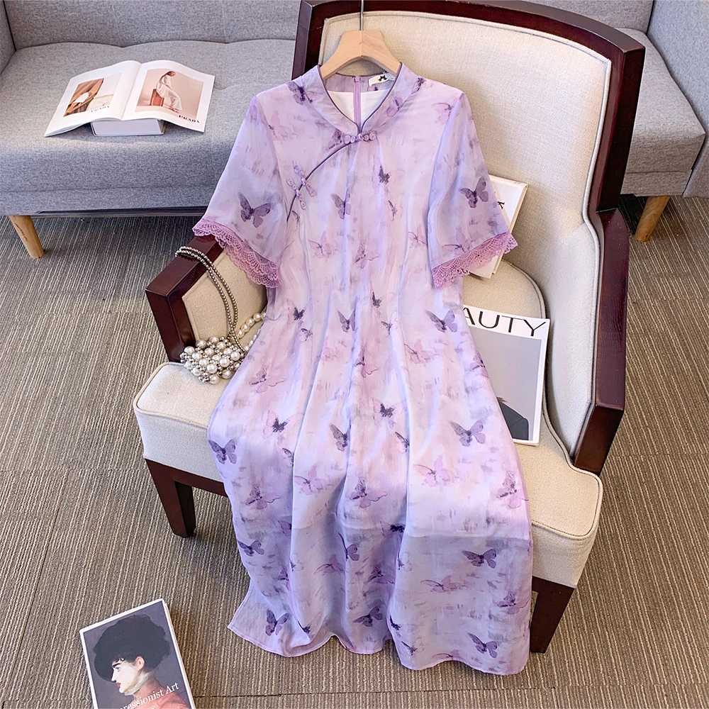 Plus size womens summer casual dress Chiffon fabric loose comfortable Chinese style cheongsam dress plate buckle decoration M240924