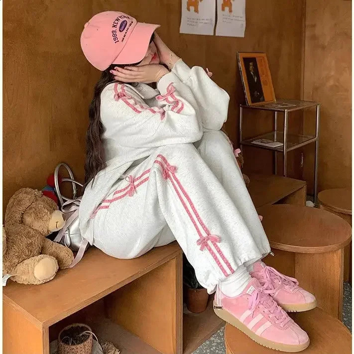 Autumn sports style gray bow vertical hooded jackethigh waisted loose casual wide leg pants two-piece set womens clothing 240925