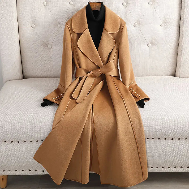 Patchwork long double-sided 100% wool coat womens spring autumn slim elegant jacket Korean fashion casaco feminino 240925