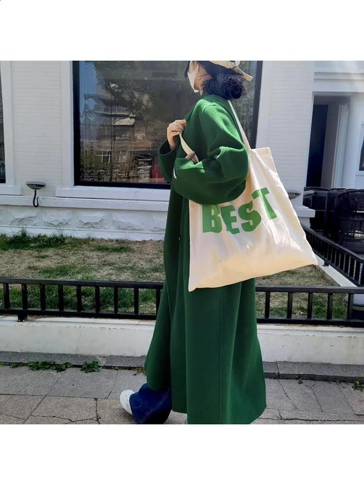 Winter Korean style Double breasted Long Black Wool Coat Womens Loose Lei Ribbon Green 100% Wool Coat Jacket 240925