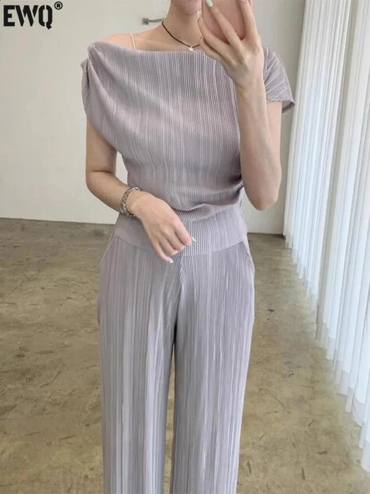 EWQ South Korean shoulder pleated short sleeved T-shirt high waist wide leg pants two-piece set womens spring/summer 16U9490 240925