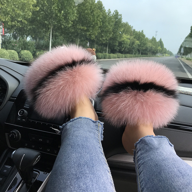 Women Slides Open Toe Real Fox Fur Slippers Fluffy Slip Jamaica Flag Rasta Caribbean 240802