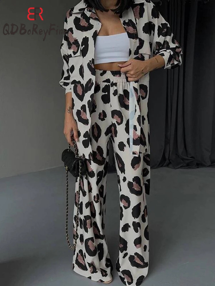 Leopard Printed Elegant Womens Set Casual Street Clothing Long Sleeve Top Wide Leg Pants Two Piece Set Womens Clothing 240925