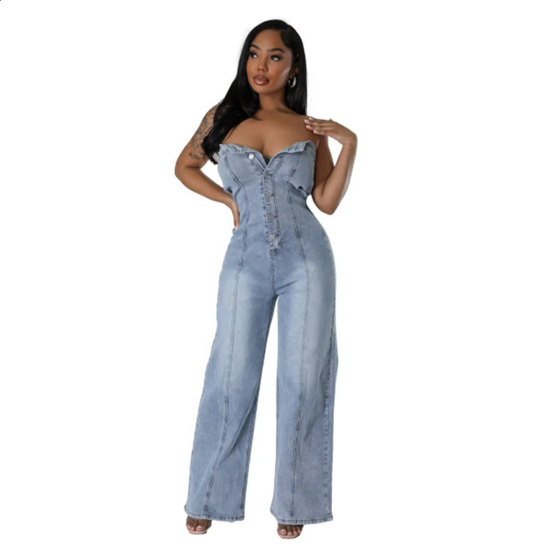 combinaison en jean sans manches à la mode pour femmes poitrine de coffre unique sans dos à moitié ouverte pantalon décontracté pantalon 240925