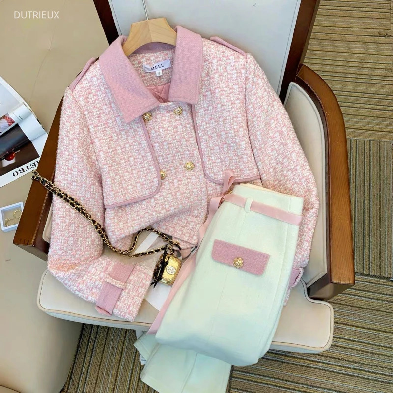 Pants set 2-piece track suit spring and autumn pink tweed jacket wig legs Trouser womens collar plain coat customized wool 240925