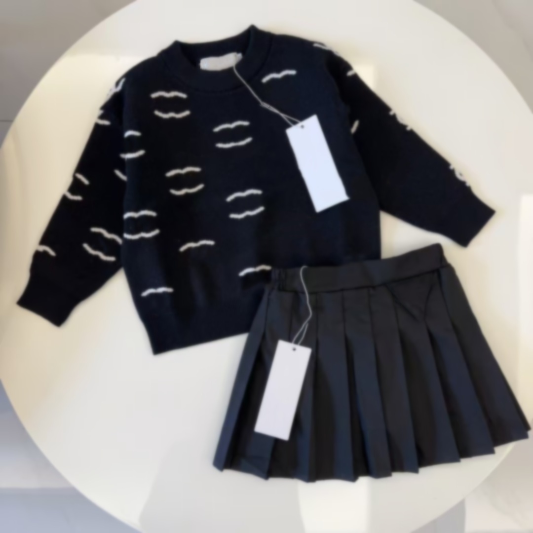 kid designer clothes girls dress tracksuit girl Pleated skirt sets Girls knitted sweater Cute 100% cotton kids two pieces set fasion comfortable-image-838201612