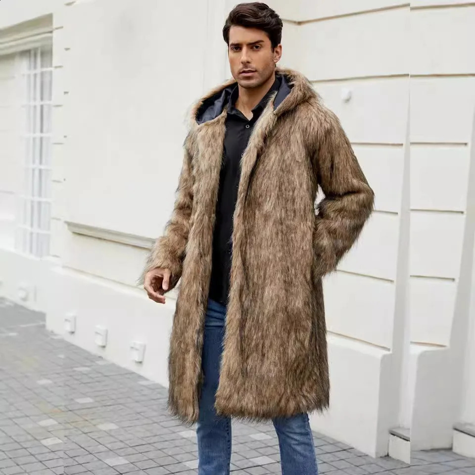 Artificial fur coat mens warm loose long coat hooded full set Midi waist thick jacket elegant mens jacket autumn winter 240925