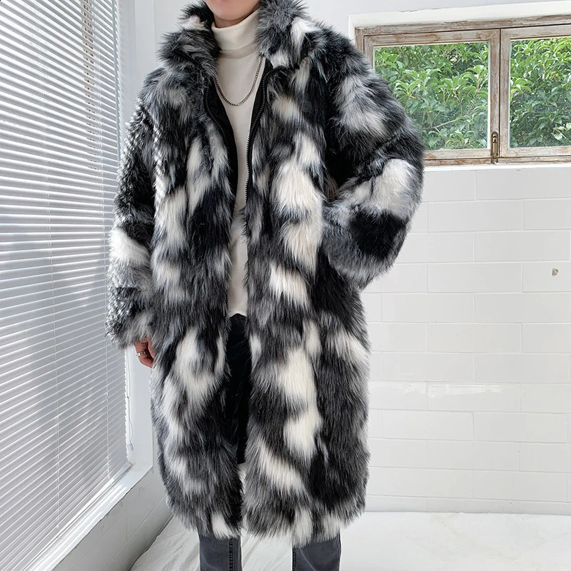 High quality winter fashionable fur coat mens outdoor street casual winter warm thick long artificial fur leather jacket 240925