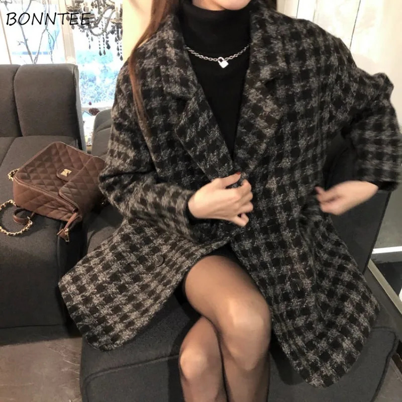 Wool coat womens jacket autumn plaid strap elegant loose lapel simple and unique super large breasted button 240925