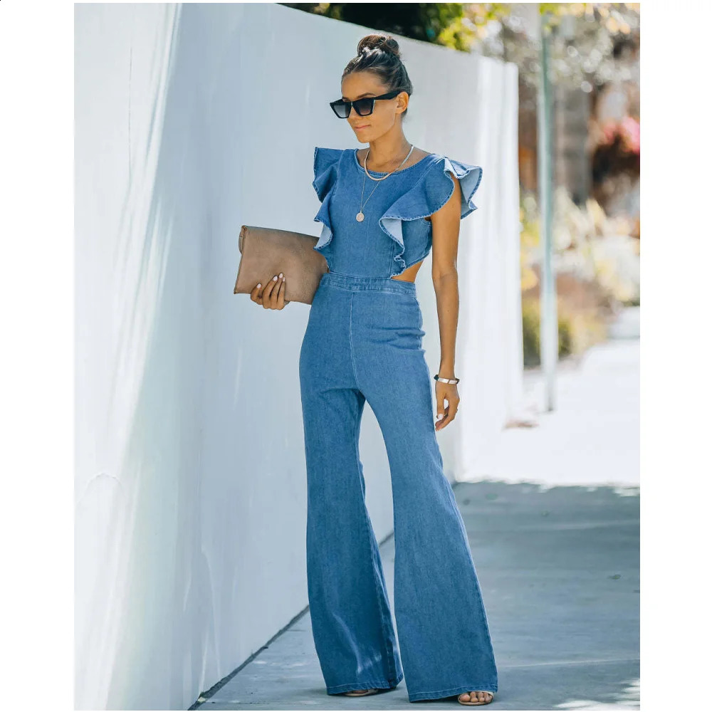 Fashionable hollow spliced sleeveless denim jumpsuit for women streetwear elegant solid wide leg jeans summer womens jumpsuit 240925