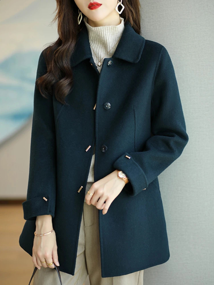Elegant womens solid pocket loose warm autumn/winter jacket womens promotion ultra-thin long sleeved wool coat women 240925