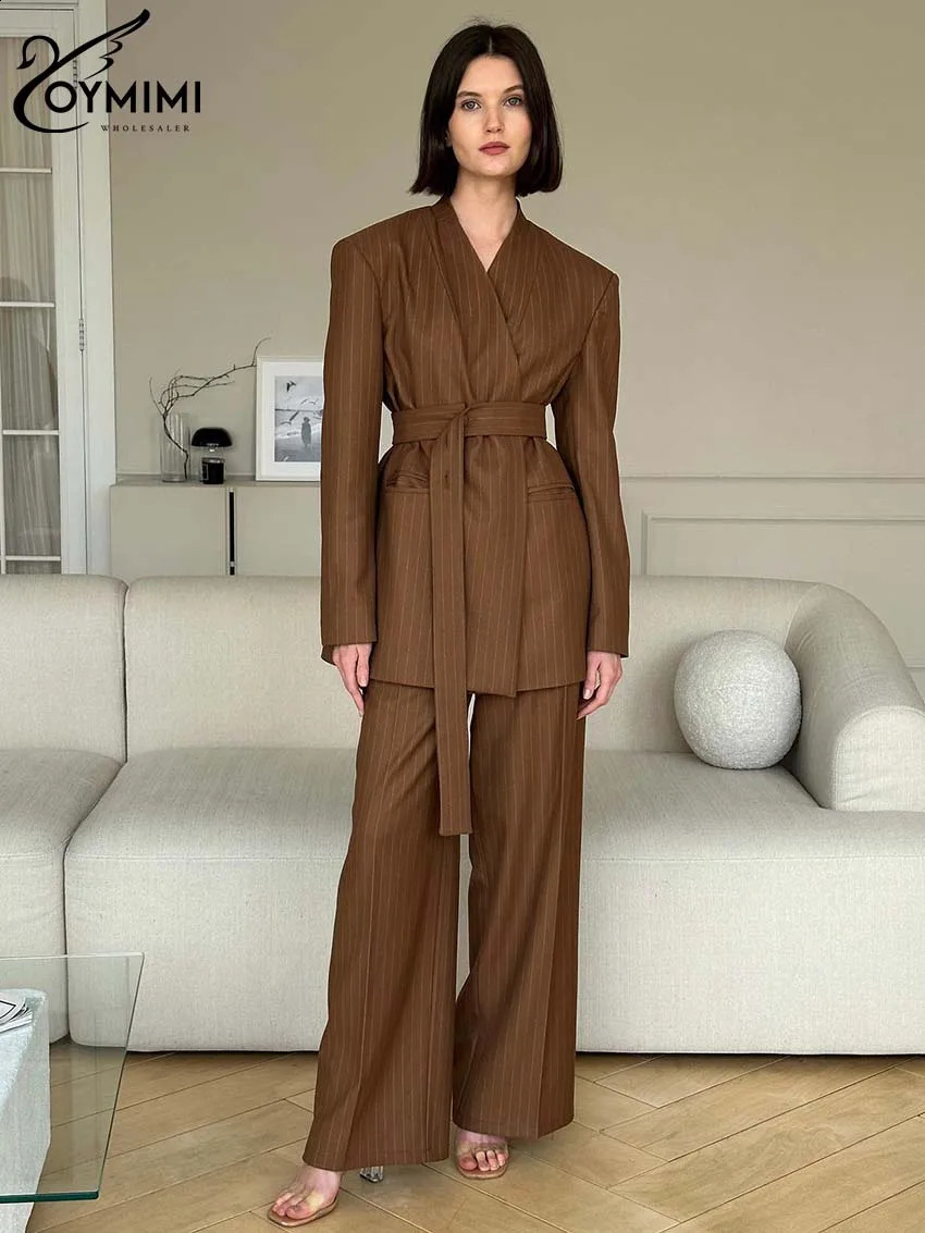 Oymimi Fashion brown printed two-piece set suitable for womens elegant V-neck long sleeved lace shirt and straight length pants set 240925