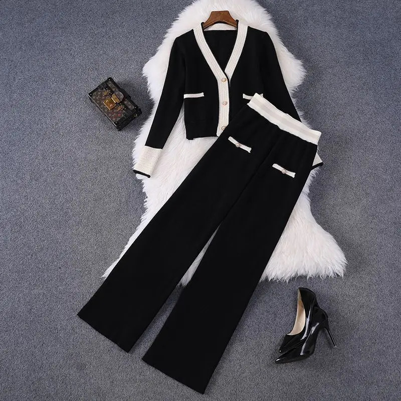 Xiaoxiangfeng Knitted Womens Clothing Spring and Autumn Fashion Knitted Open Collar Wide Leg Pants Two Piece Set Sweater Mens Clothing Set 240925