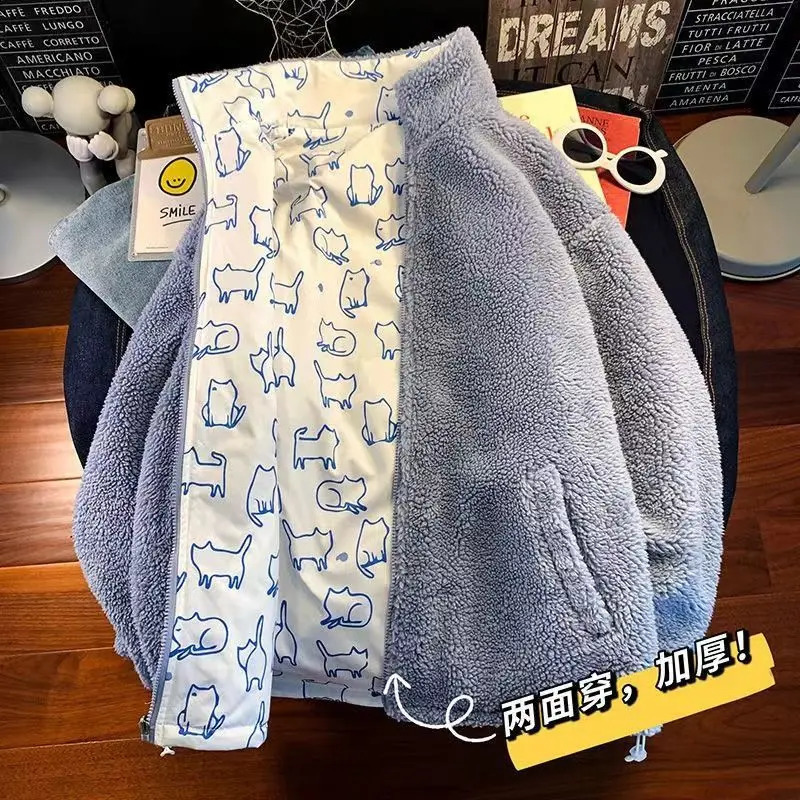 Zip Up Jacket Y2K Womens Harajuku Gothic Kawaii Cartoon Lambswool Coat Thick Fashion Cute Reversible Street Clothing 240924