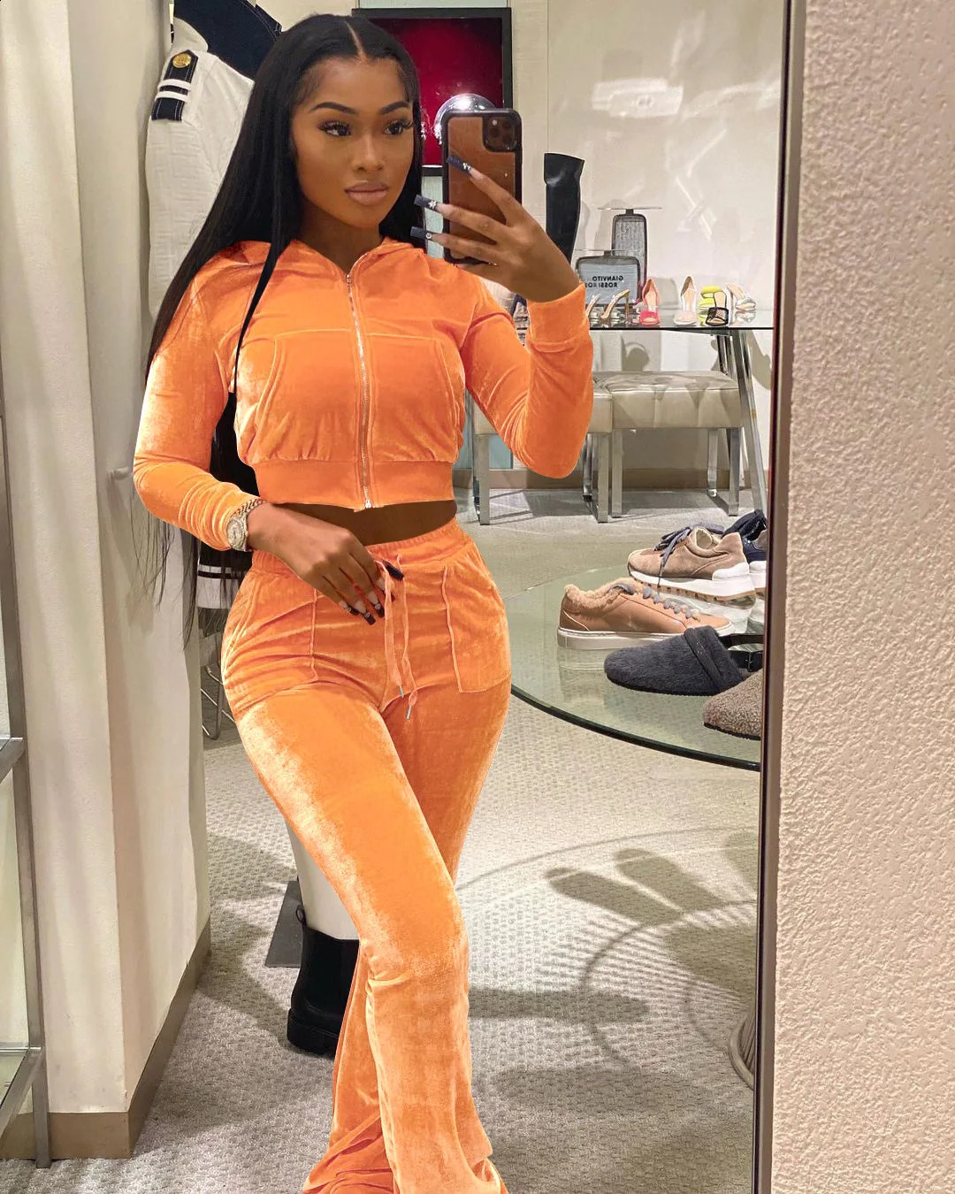 Womens Velvet Jogging Set Autumn Casual Velvet Hoodie Crop Top Jacket and Wide Leg Pants Track and Field Wear Womens Two Piece Set 240925