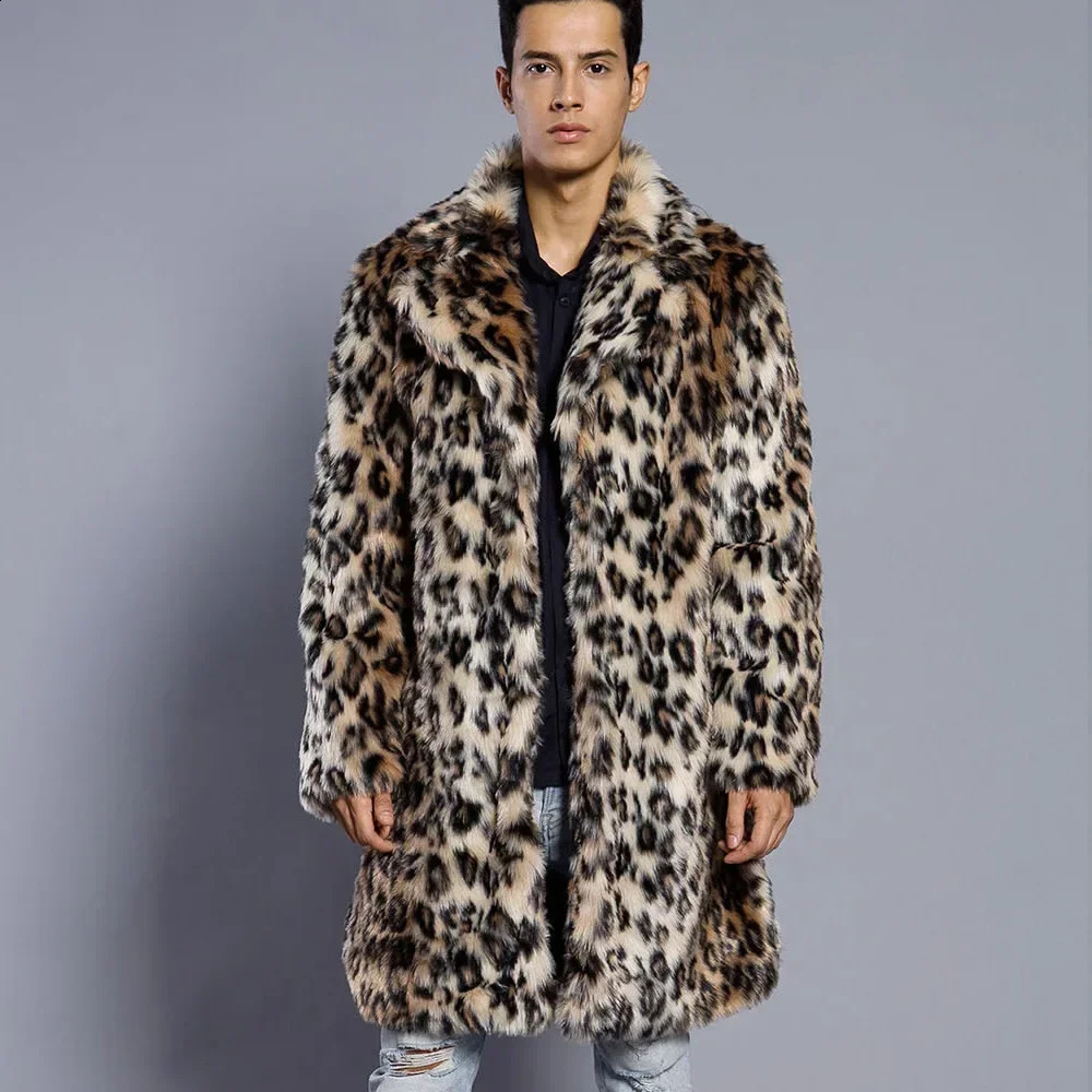 Mens leopard print faux fox fur leather jacket winter thick fluffy warm furry jacket luxurious fur long jacket Bontjas jacket for men 240925
