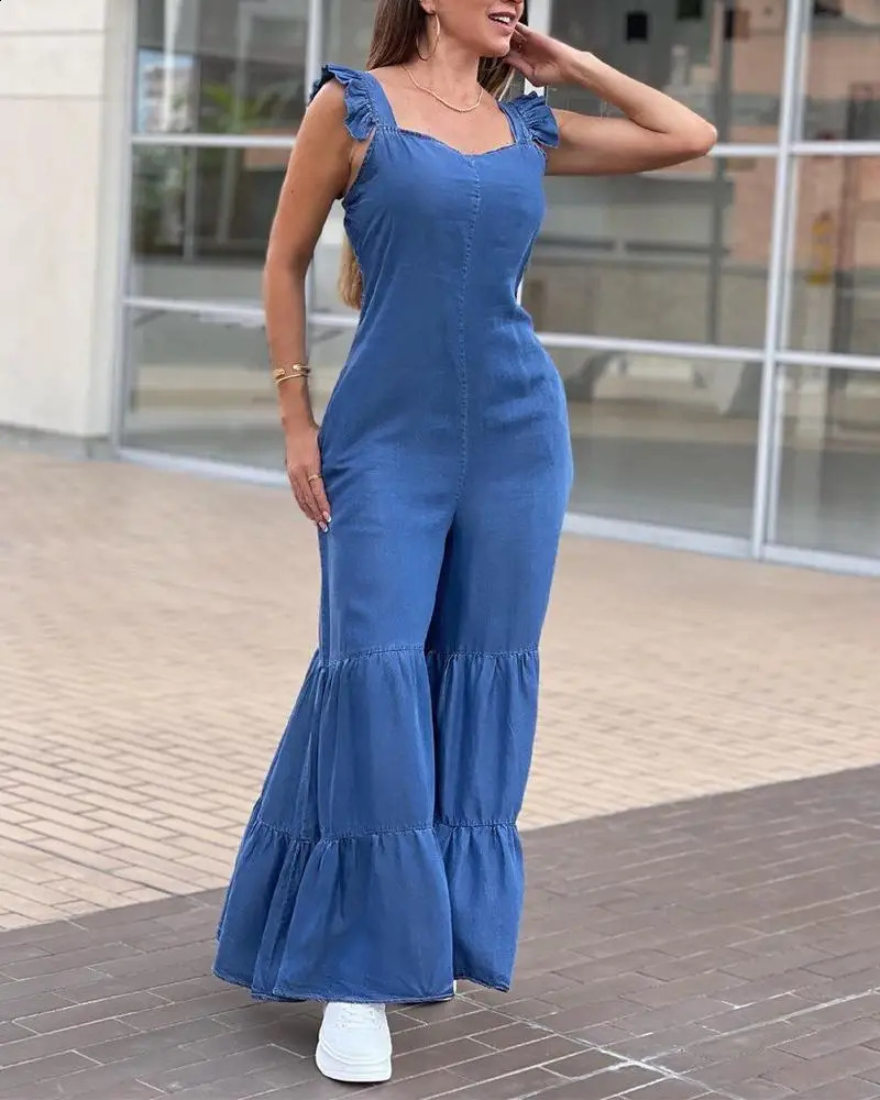Womens solid color elegant flying sleeve sparkling pants sexy jeans jumpsuit womens one-piece dress 240925