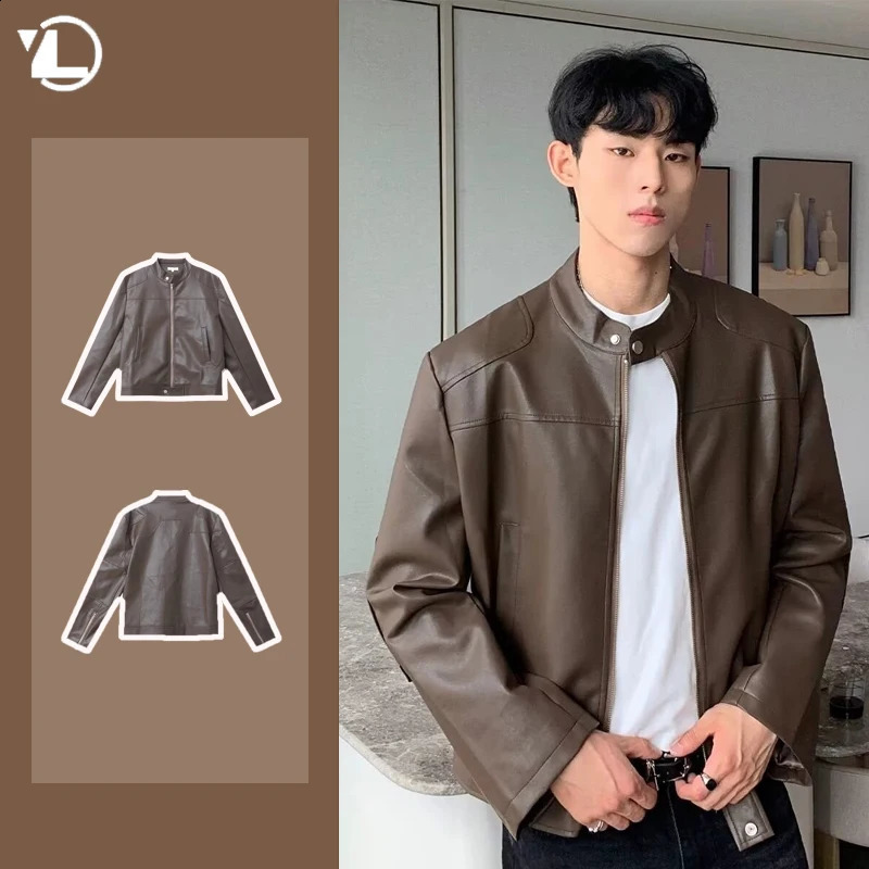 Retro American Street Leather Jacket Mens Autumn 2024 Motorcycle Standing Collar Trendy Short Coat Zipper Loose Bomber Outwear 240924