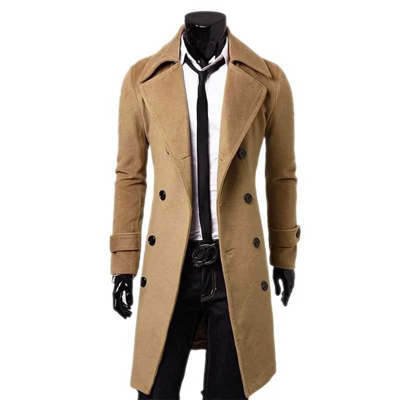 Mens double breasted trench coat 2024 winter new item wool blend high-quality fashionable casual slim fit solid color mens jacket W240924