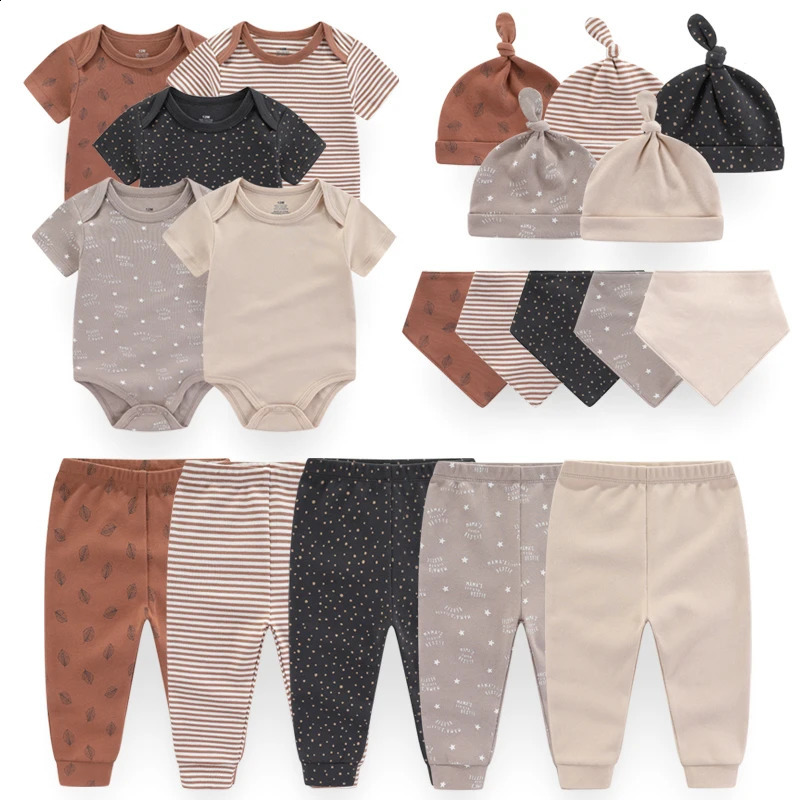 Neutral cotton born baby clothing set including tight fitting clothes pants hats gloves and bibs Solid color cartoon 240925