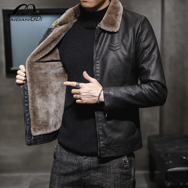MAIDANGDI 2024 Men Leather Jacket Mens Leather Jacket Flip Collar Mens Wear with Thick Velvet Trendy Fur 240924