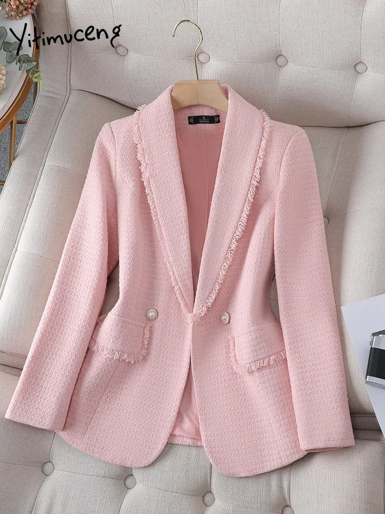 Yitimuceng elegant womens coarse tweed jacket with pearl buttons and tassel jacket office long sleeved collar solid and unique ultra-thin jacket