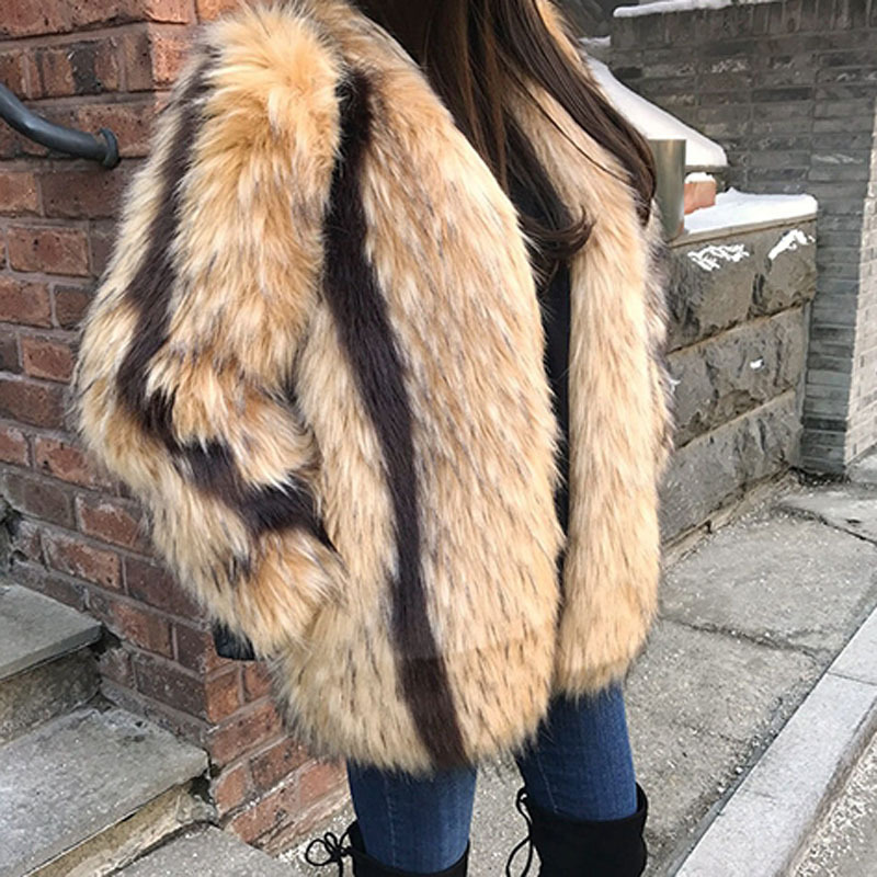 Womens Artificial Marble Patterned Fur Coat Fake Fox Fur Collar Large Size Skin Women Winter Coats Womans Casual Autumn Coat