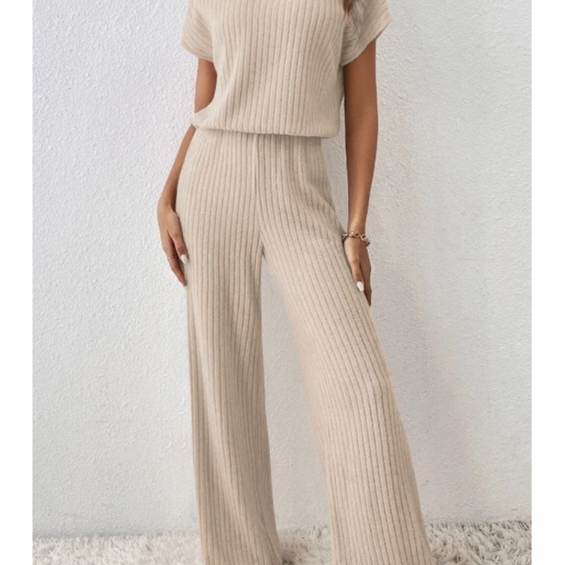 Women Spring Autumn Collection Solid Color Fine Pit Strip Fashion Shoulder Short Sleeve Knitted Set Top Pants Two Piece y240925